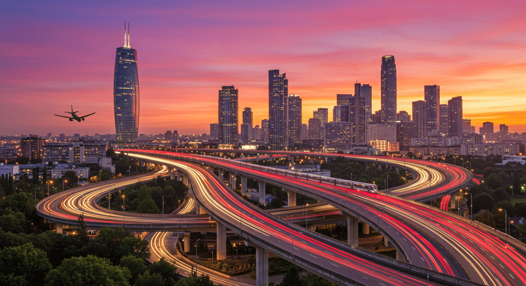 City skyline at sunset with highways and a flying airplane