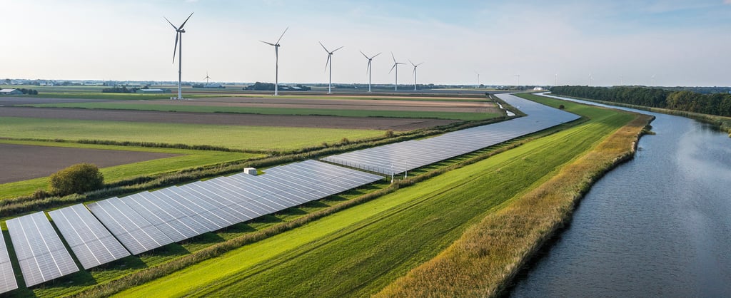 Aerial view of a solar and wind energy plant